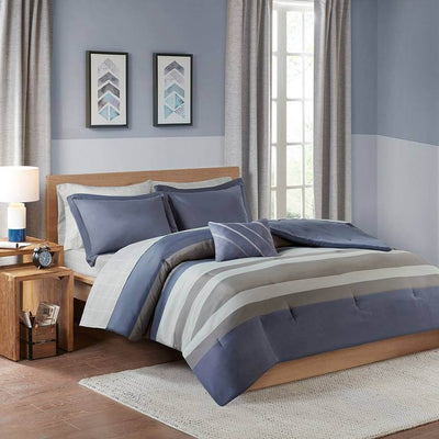 Striped gray and blue Marston bed sheet set with a reversable comforter from the Blue Blazes collection, available in Full.